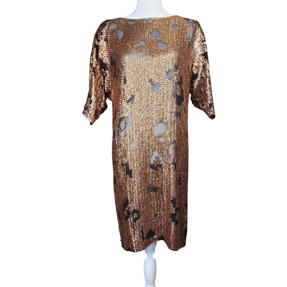 Vintage Ann Tjian Kenar 80s Silk Sequin Shift Dress Womens S Copper Leopard VTG